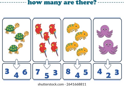 Counting game of wild animals for preschool kids. Printable. Vector Illustration