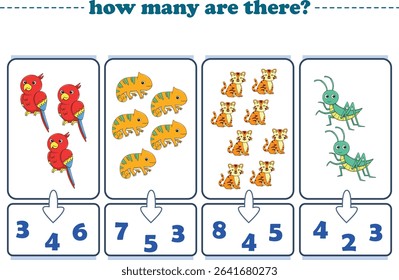 Counting game of wild animals for preschool kids. Printable. Vector Illustration