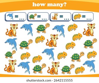 Counting game of wild animals for preschool kids. Printable. Vector Illustration