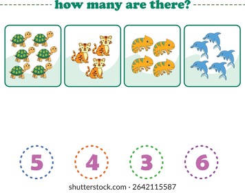Counting game of wild animals for preschool kids. Printable. Vector Illustration