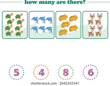 Counting game of wild animals for preschool kids. Printable. Vector Illustration