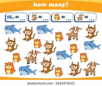 Counting game of wild animals for preschool kids. Printable. Vector Illustration