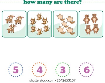 Counting game of wild animals for preschool kids. Printable. Vector Illustration