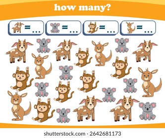 Counting game of wild animals for preschool kids. Printable. Vector Illustration