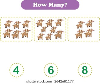 Counting game of wild animals for preschool kids. Counting goat. Printable. Vector Illustration