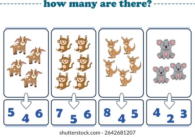 Counting game of wild animals for preschool kids. Printable. Vector Illustration