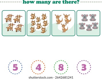 Counting game of wild animals for preschool kids. Printable. Vector Illustration