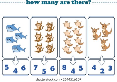 Counting game of wild animals for preschool kids. Printable. Vector Illustration