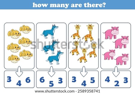 Counting game of wild animals for preschool kids. Printable. Vector Illustration
