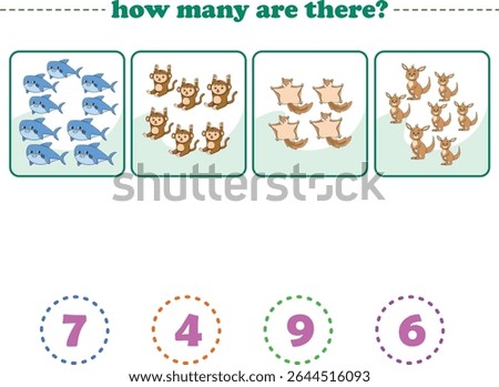 Counting game of wild animals for preschool kids. Printable. Vector Illustration
