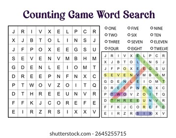 Counting game word search puzzle with numbers one through twelve. Educational activity for kids, with highlighted answers.