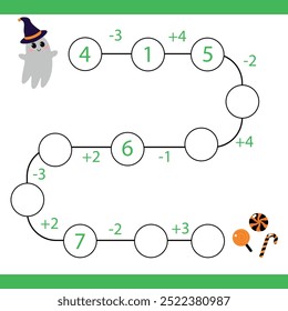 Juegos de conteo para niños y adultos. Juego educativo de matemáticas. Resta y suma al Resultado. Un acertijo para la mente. Acertijo con números. Vector