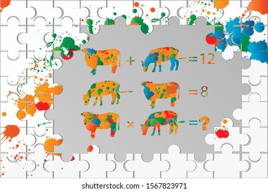 Counting games for kids and adults. Educational math game. Result. Riddle for the mind. Riddle with numbers. Vector