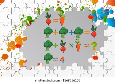 Counting games for kids and adults. Educational math game. Result. Riddle for the mind. Riddle with numbers. Vector