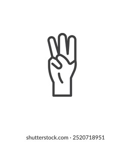 Icono de línea de gesto de conteo. Signo de estilo lineal para concepto móvil y Diseño web. Mano que muestra el ícono del Vector del contorno de tres dedos. Símbolo de conteo o números, ilustración de logotipo. Gráficos de Vector.