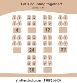 Counting hamsters game for Preschool Children. This worksheet is suitable for educating early age children to count multiples of two. Educational printable math worksheet. Additional worksheet