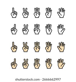Contar las señales de la mano conjunto de iconos de Vector. Dedos mostrando uno, dos, tres, cuatro y cinco