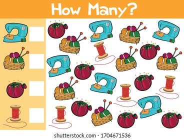 Counting hobby items game illustration for preschool kids in vector format.