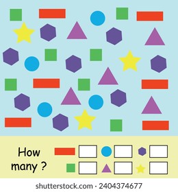 Contando cuántos en matemáticas. Hoja de cálculo imprimible para niños. Ilustración vectorial.