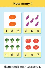 Counting how many vegetables, education work sheet for children. Printable children math worksheet
