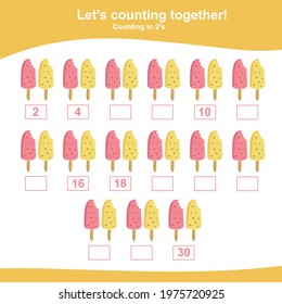 Counting the ice cream game for Preschool Children. This worksheet is suitable for educating early age children to count multiples of two. Educational printable math worksheet. Additional worksheet