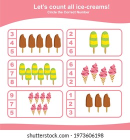 Counting the ice creams game for Preschool Children. This worksheet is suitable for educating the early age children on how to count well, when they try to match the image with the number. 