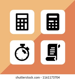 counting icon. 4 counting set with stopwatch, receipt and calculator vector icons for web and mobile app