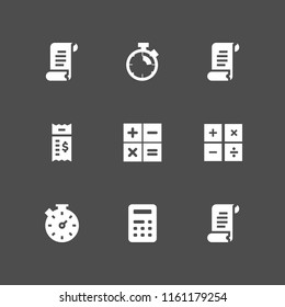 counting icon. 9 counting set with calculator, stopwatch, receipt and bill vector icons for web and mobile app