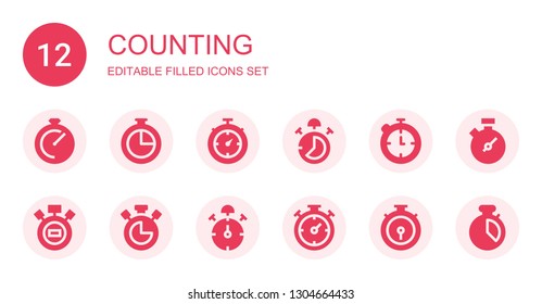 counting icon set. Collection of 12 filled counting icons included Chronometer, Stopwatch, Stop watch