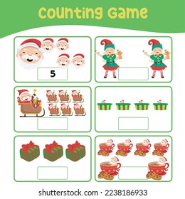Counting the image and writing activity the number. Fun educational worksheet for kids. Printable mathematics page for preschool activity. Kawaii Christmas character and items. Cute cartoon file. 