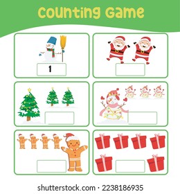 Counting the image and writing activity the number. Fun educational worksheet for kids. Printable mathematics page for preschool activity. Kawaii Christmas character and items. Cute cartoon file. 