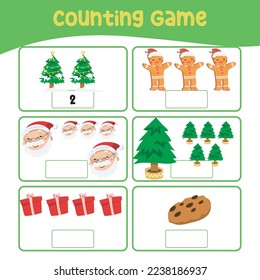 Counting the image and writing activity the number. Fun educational worksheet for kids. Printable mathematics page for preschool activity. Kawaii Christmas character and items. Cute cartoon file. 