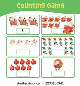 Counting the image and writing activity the number. Fun educational worksheet for kids. Printable mathematics page for preschool activity. Kawaii Christmas character and items. Cute cartoon file. 