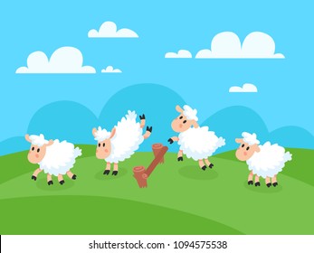 Counting Jumping Happy Cartoon Sheeps For Goodnight Sleep. Cute White Farm Lamb Character. Funny Sheep Jump Over Field Fence For Insomnia Vector Concept Illustration