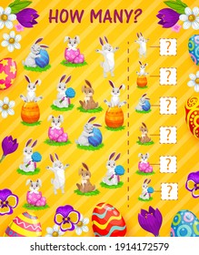 Counting Kids Game Of How Many Easter Eggs And Bunnies Vector Template. I Spy Puzzle Or Children Education Worksheet With Easter Holiday Cartoon Eggs, Rabbits, Spring Flowers And Green Grass