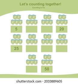 Cuentan kiwis para los niños. Hoja de cálculo de matemáticas de conteo de frutas. Contando en 5. Hoja de cálculo matemática para preescolar. Hoja de cálculo de matemáticas imprimibles educacionales. Educación preescolar. Ilustración vectorial.