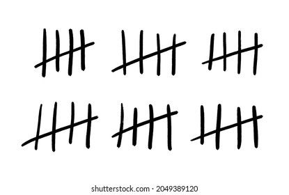 Counting marks or prison marks isolated. Four sticks crossed out by the fifth stick. Vector illustration of primitive number marks on the wall or on paper.