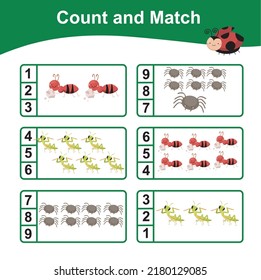 Counting and match the answer worksheet for children. Educational mathematic worksheet for preschool. Vector illustration. 