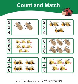 Counting and match the answer worksheet for children. Educational mathematic worksheet for preschool. Vector illustration. 