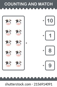 Counting and match Cow face. Worksheet for kids