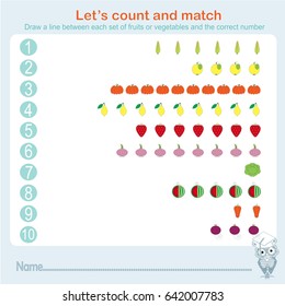 Counting and matching educational games kids, kids activity sheet. Learning math, exercises, stock vector illustration