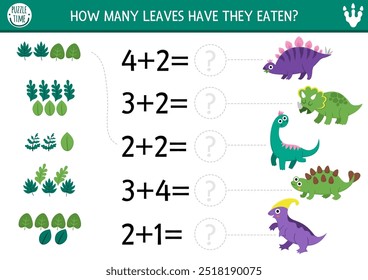 Counting and matching game with cute ancient animals, leaves. Dinosaur math addition activity for preschool kids. Prehistoric printable counting worksheet with ankylosaur, stegosaur, triceratops