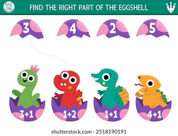 Counting and matching game with cute baby dinosaurs in eggs and shells. Dino math addition activity for preschool kids. Prehistoric printable counting worksheet with little T-rex, brachiosaur