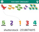 Counting and matching game with cute dinosaurs. Dino math addition activity for preschool kids. Prehistoric printable counting worksheet with T-rex, brachiosaur, triceratops, iguanodon
