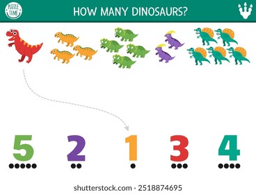 Counting and matching game with cute dinosaurs. Dino math addition activity for preschool kids. Prehistoric printable counting worksheet with T-rex, brachiosaur, triceratops, iguanodon
