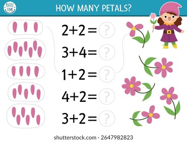 Counting and matching game with cute dwarf girl and petals. Garden gnome math addition activity for preschool kids. Fairytale printable counting worksheet with flowers, forest fairy
