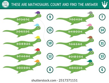 Contando e combinando o jogo com plesiossauros longos bonitos. Adição matemática de dinossauros e atividade de subtração para crianças pré-escolares. Planilha de contagem imprimível dino pré-histórico com animal antigo
