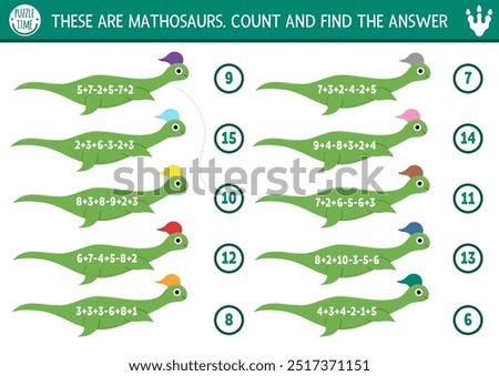 Counting and matching game with cute long plesiosaurs. Dinosaur math addition and subtraction activity for preschool kids. Prehistoric dino printable counting worksheet with ancient animal
