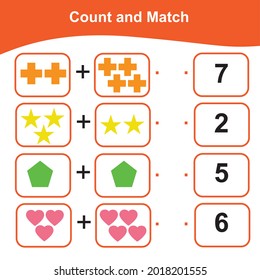 Counting and Matching Game for Preschool Children. Math Worksheet for Preschool. Geometric shapes theme. Educational printable math worksheet. Additional math for kids. Vector illustration. 