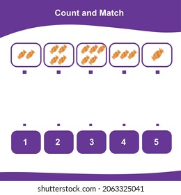 Counting and matching game for Preschool Children. Cute math worksheet with Halloween theme. Educational printable math worksheet. Vector illustration.